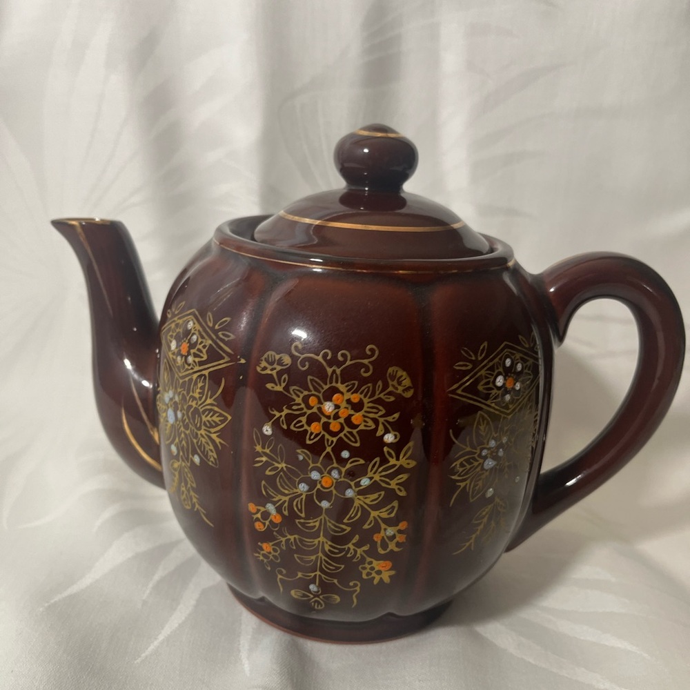 Vintage Japan Redware Teapot Brown hand painted